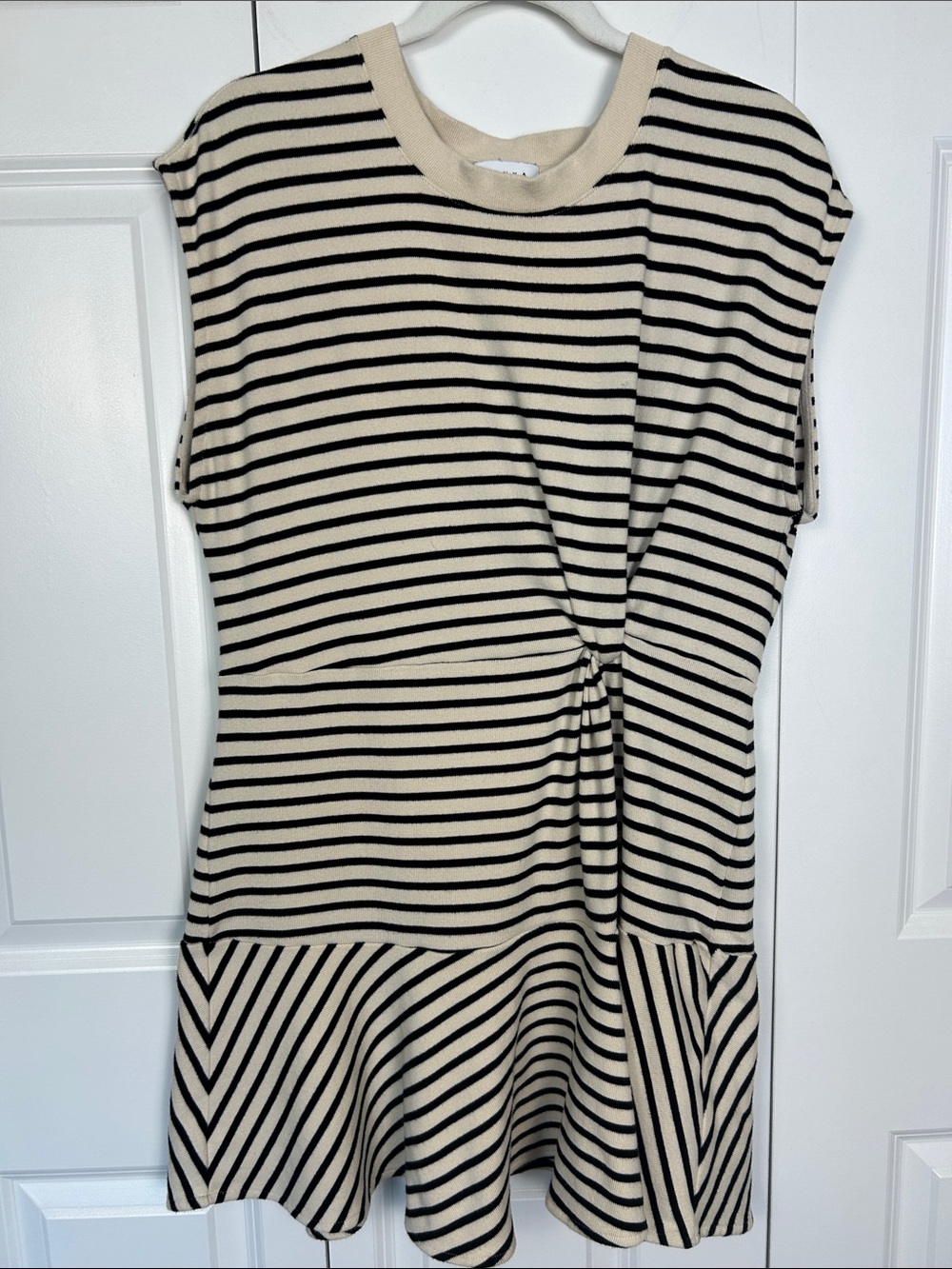 Tanya Taylor Black and Cream Striped Knot-Detail Mini Dress Size XL
